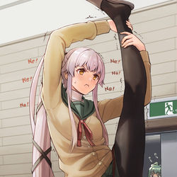 This is a pixiv picture whose title is こっそりI字バランスを試みる由良さんと、後をつけてきた実験艦.
