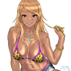 This is a pixiv picture whose title is 豹年だから年賀絵はヒョウ柄ビキニ.