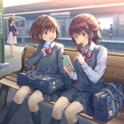 This is a pixiv picture whose title is 駅のホームでアイスを食べる女の子たち.