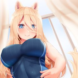 This is a pixiv picture whose title is 競泳水着を着たわんこ.