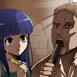 This is a pixiv picture whose title is 古手梨花vsライナー・ブラウン.