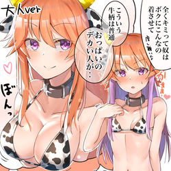 This is a pixiv picture whose title is 二宮飛鳥おっぱい大成功の夢を牛柄ビキニで見る絵.
