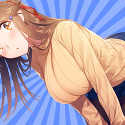 This is a pixiv picture whose title is 屈む藍ちゃん #これが巨乳だ.