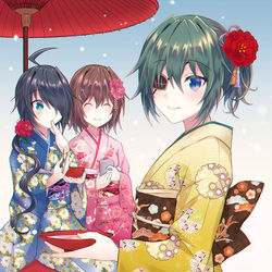 This is a pixiv picture whose title is 謹賀新年加古鷹＋木曾さん＆お知らせ.