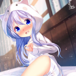 This is a pixiv picture whose title is 下を履かずに寝てしまって朝パンツを見られるチノちゃん.