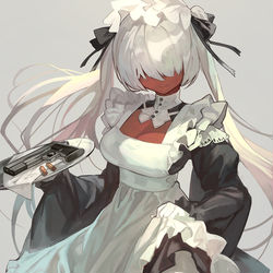 This is a pixiv picture whose title is ロンスカ褐色メカクレメイド☕.