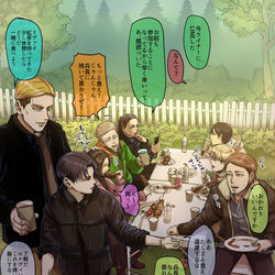 This is a pixiv picture whose title is 進撃　皆でバーベキュー＋呼び出されたジークとライナー１P漫画.