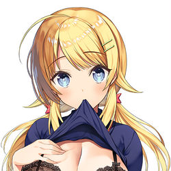 This is a pixiv picture whose title is たくし上げてブラ見せたりパンツずらして見せてるめぐるさん.