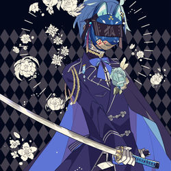This is a pixiv picture whose title is 青色の狐面.