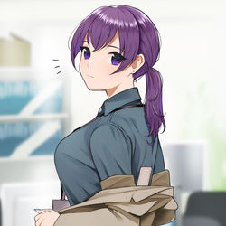 This is a pixiv picture whose title is 背中のカイロがバレてしまった経理OLさん.