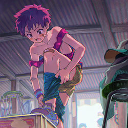 This is a pixiv picture whose title is 少年たちの海の家.