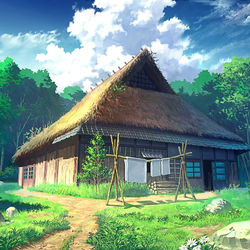 This is a pixiv picture whose title is 茅葺屋根の家リメイク.