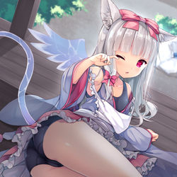 This is a pixiv picture whose title is 縁側お目覚めネコちゃん.