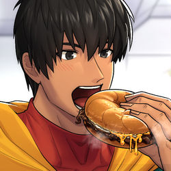 This is a pixiv picture whose title is プルコギベーグルサンドを食べるアーラシュ.