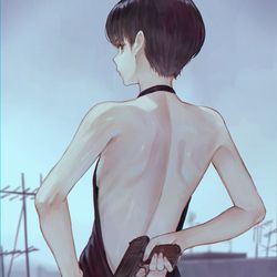 This is a pixiv picture whose title is 拳銃と背中.