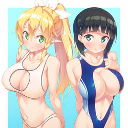 This is a pixiv picture whose title is 直葉ちゃんとリーファちゃんにいかがわしい水着を着てもらいました.