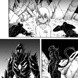 This is a pixiv picture whose title is 黒い怪物と角の少女.