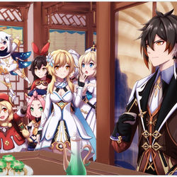 This is a pixiv picture whose title is 钟离请客.