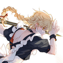 This is a pixiv picture whose title is “我也想成为女仆，每天都在全提瓦特用单手剑挖矿”.