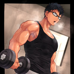 This is a pixiv picture whose title is メガネ筋肉お兄さんの汗だくトレーニング.