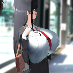 This is a pixiv picture whose title is バス停でとんでもないサイズの女子高生を見た.