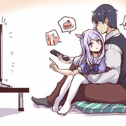 This is a pixiv picture whose title is “一心同体”が板につきすぎたマックイーンとトレーナー.