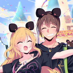 This is a pixiv picture whose title is テーマパークデートを楽しむカップル、昼と夜….