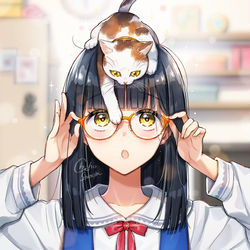 This is a pixiv picture whose title is 猫とおニューのメガネ.