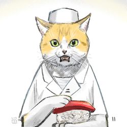 This is a pixiv picture whose title is ずっと何かに反応しながら寿司を握っている猫の店主.