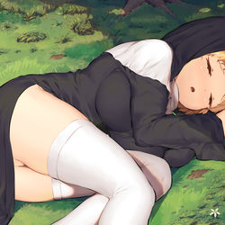 This is a pixiv picture whose title is 野原でお昼寝しているロリ巨乳シスターちゃんと.