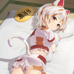 This is a pixiv picture whose title is 布団を占領するミケちゃん.