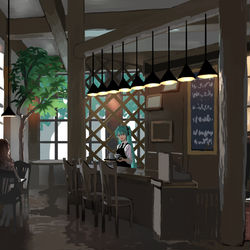 This is a pixiv picture whose title is ミクのいる喫茶店.