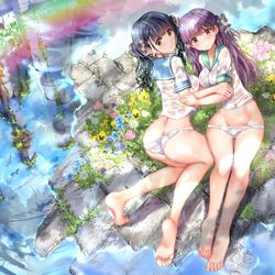 This is a pixiv picture whose title is 【5月新刊お知らせ】水没都市×虹×濡れ透け×百合.