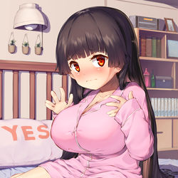 This is a pixiv picture whose title is パジャマ姿のロリ巨乳黒髪ロングちゃんの.