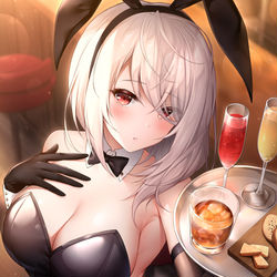 This is a pixiv picture whose title is 白髪赤目バニーさん🐰🍷.