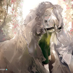 This is a pixiv picture whose title is 【海鲜改图】我把绿色尖叫画成了花嫁凯尔希.