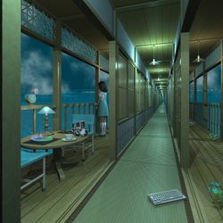 This is a pixiv picture whose title is 夕ぐれ前の長廊下.