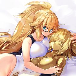 This is a pixiv picture whose title is 黄金化したぐだ子ちゃんと彼女を愛でる水着ジャンヌ.