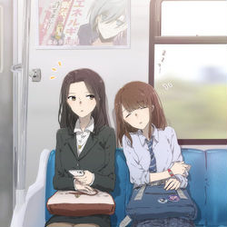This is a pixiv picture whose title is 電車で寄りかかられたOLと寄りかかってきた居眠り(?)JK.