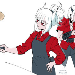 This is a pixiv picture whose title is パンケーキを焼くのがうまくなったルシファー.
