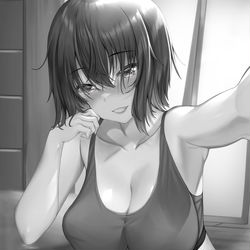 This is a pixiv picture whose title is 黒髪ショートちゃん　グレー版.