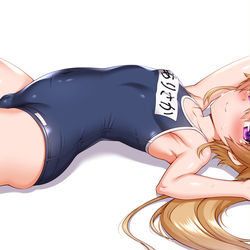 This is a pixiv picture whose title is 横になってモリマン強調しちゃうスク水真白ちゃん.