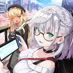 This is a pixiv picture whose title is 白銀ノエル&不知火フレア モンハンプレー!!.