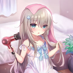 This is a pixiv picture whose title is 「お兄ちゃん…髪 乾かして」.