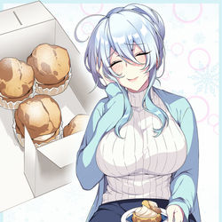This is a pixiv picture whose title is 大好物のシュークリームを食べてご満悦な雪女の雪乃さん.