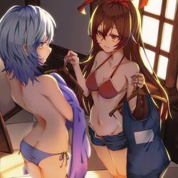 This is a pixiv picture whose title is Genshin 【エウルア×アンバー】水着の試着.