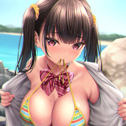 This is a pixiv picture whose title is 岩場で水着JKさん.