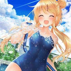 This is a pixiv picture whose title is 下がスク水なら濡れても大丈夫デース！.