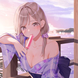 This is a pixiv picture whose title is 浴衣の彼女と夕涼み.
