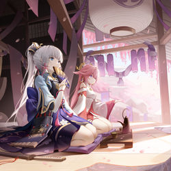 This is a pixiv picture whose title is 神里绫华  八重神子.